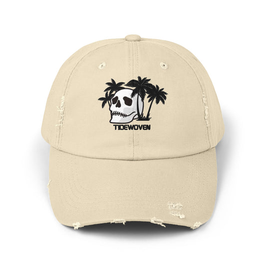 Unisex Distressed Cap with Skull and Palm Trees, Vintage Baseball Hat, Casual Summer Accessory, Gift for Beach Lovers, Trendy Outdoor Gear